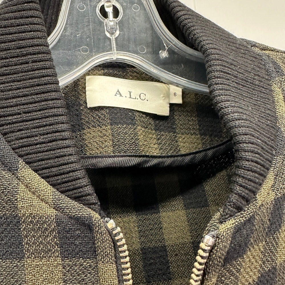 ALC Andrew Buffalo Check Virgin Wool Bomber Jacket Size 6 Olive Green Black - Picture 3 of 7